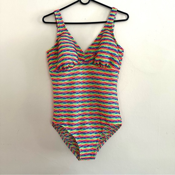 Vintage 90s One Piece Swimsuit Fluorescent Neon Size L/XL Stripes Textured - Picture 2 of 12